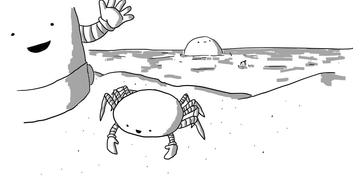 A robot shaped like a flattened spheroid, with ten legs and a pair of little arms ending in claws-cum-mittens. It has a little smiley face low on its carapace. It's on a stretch of beach and beside it looms Sandcastlebot while, in the background out to sea are Bobbot and Bigbot, both partially submerged.