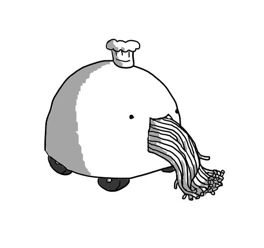 A rounded robot on four wheels wearing a small chef's hat and with a large, smiling mouth from which is being pushed many strands of spaghetti.