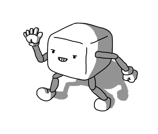 A robot shaped like a rounded-off cube with jointed arms and legs, waving as it marches past with a fierce little grin on its face.