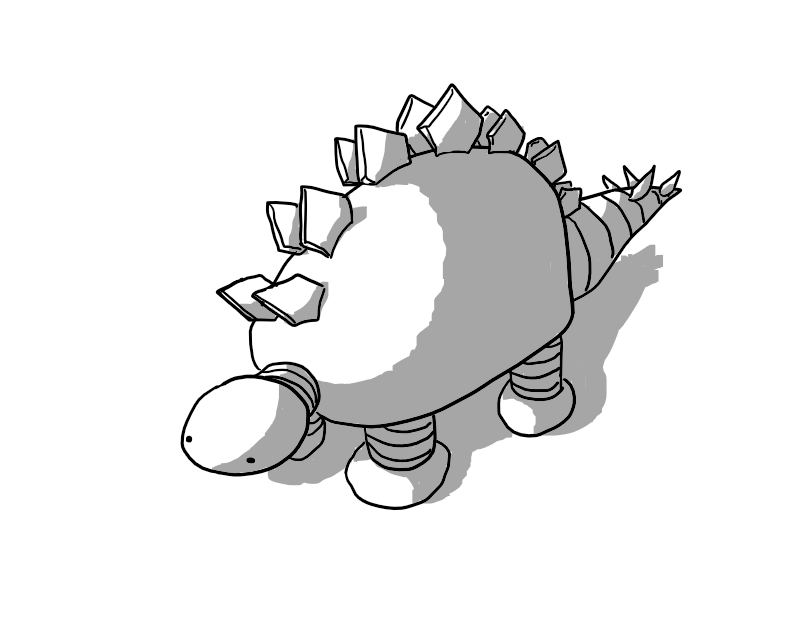 A robot Stegosaurus with banded limbs, plates along it back, a banded tail sporting four dorsal spikes and a little ovoid head with no mouth.