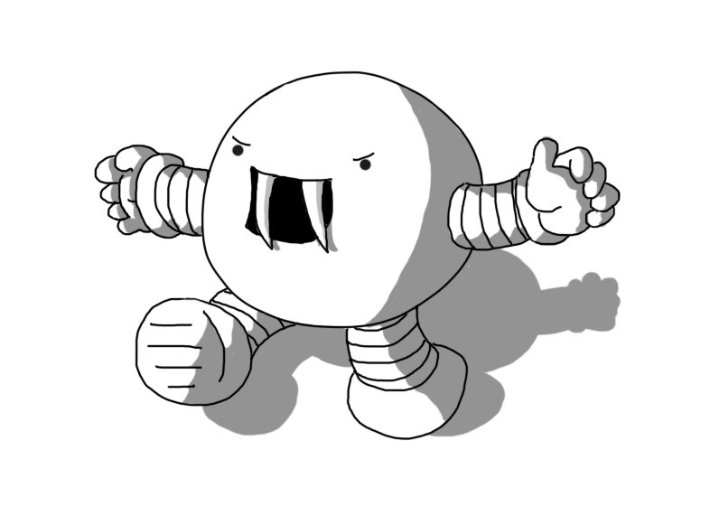 A spherical robot with banded arms and legs, with a large mouth that sports two oversized fangs. It's advancing, arms outstretched with a slightly menacing expression on its face.