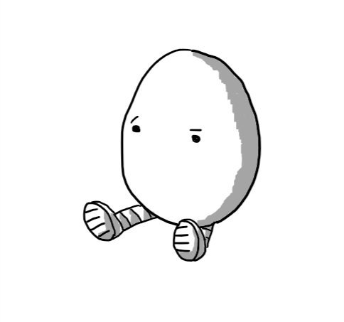 An egg-shaped robot sitting down with a quizzical expression. It has no mouth.