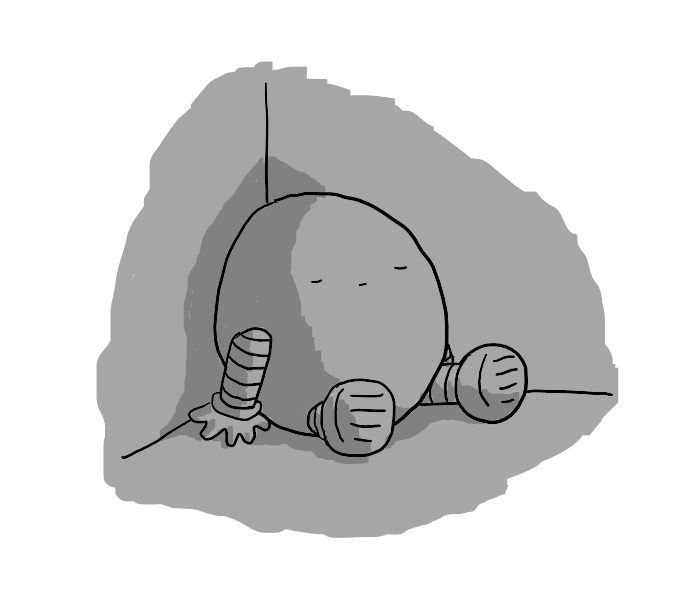 A round robot with banded arms and legs, sitting in a darkened corner, apparently asleep.