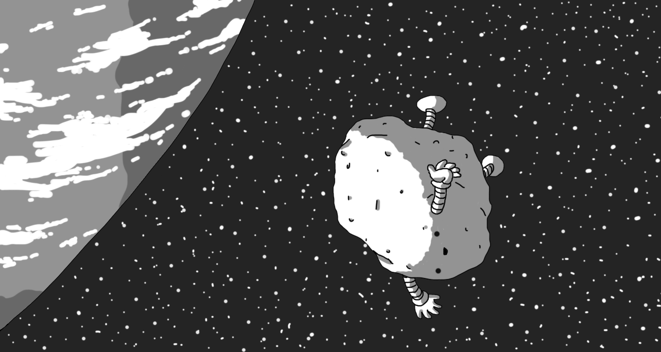 A view of the edge of the Earth against a starfield, and in the foreground a robot in the form of a pitted asteroid with banded arms and legs tumbles happily by.