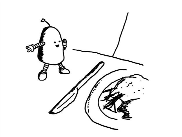 a small cylindrical robot with a rounded top and banded arms and legs standing on a table next to a knife and a plate of food, pointing offscreen with its other hand raised to its mouth as if whispering conspiratorially.