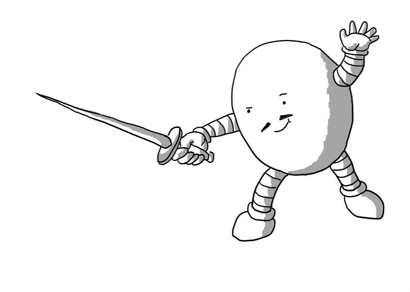 An ovoid robot brandishing a letter opener like a sword. It has a smirk and a thin moustache and is lunging forward with its free hand raised like a fencer.