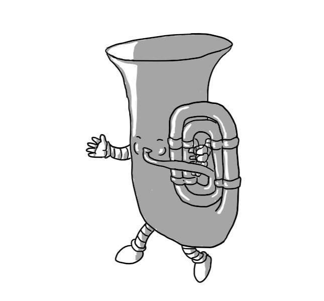 A robot in the form of a tuba, with its face on the bell, blowing into its mouthpiece with its eyes closed. It has legs on the bottom and one of its hands is manipulating its buttons.