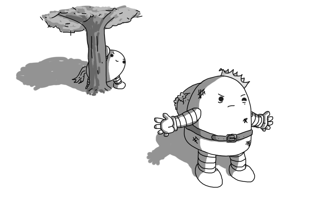 A slightly beaten-up round-topped robot with banded arms and legs, with a stage prosthetic hump strapped to its bag (leaking stuffing) and a dented crown on its head holds out its hands theatrically. Behind it, hiding behind a tree with a malevolent smile on its face, is a Horsebot.
