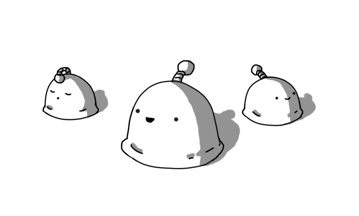 Three round-topped robots with flat, slightly squishy bases that flare out where they've been stuck to the ground. They have no limbs, but do have banded antennas on their tops. Two of the robots are smiling happily, while the third is asleep and snoring, its antenna drooping forwards.