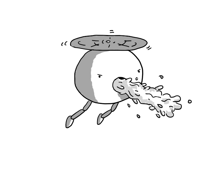 A spherical robot with jointed legs hanging down below its body as its held aloft by a propeller on its top. It's angrily spewing a gout of pale, viscous fluid from its open mouth.