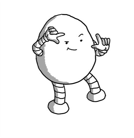 An ovoid robot holding its hands as if making a picture frame and smiling as it raises an eyebrow.