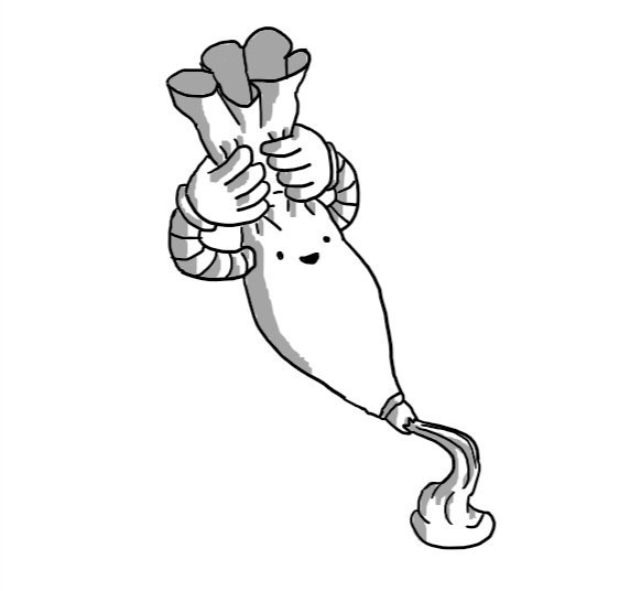 A robot in the form of a piping bag, smiling cheerfully as it uses its own hands to squeeze cream from its nozzle.