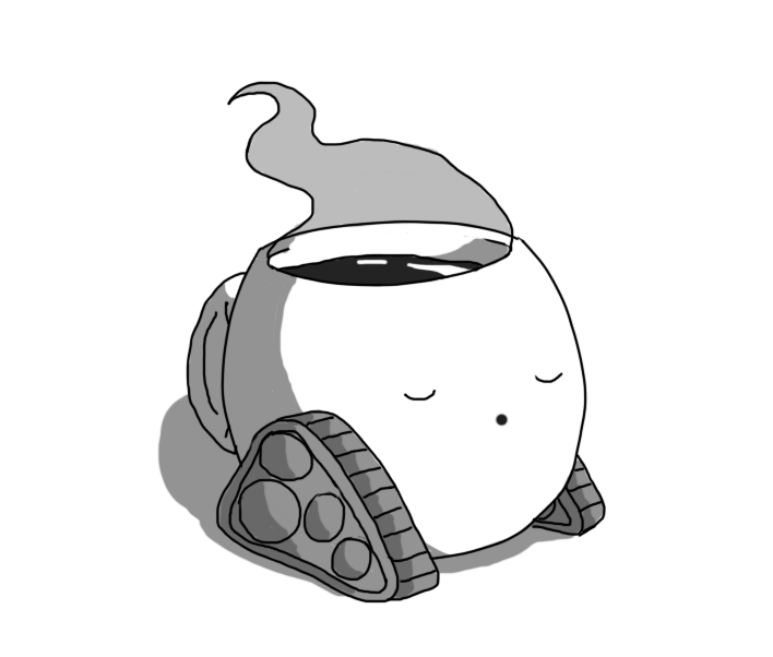 A robot in the form of a rounded mug on a pair of triangular caterpillar tracks. It's filled with a dark, steaming fluid, and has fallen asleep, appearing to be gently snoring.