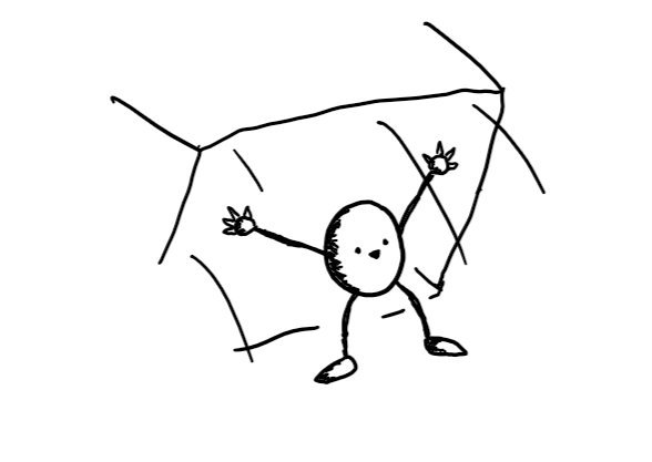a smiling round bot with spindly, jointed arms and legs, throwing off a box that it's been hiding underneath.