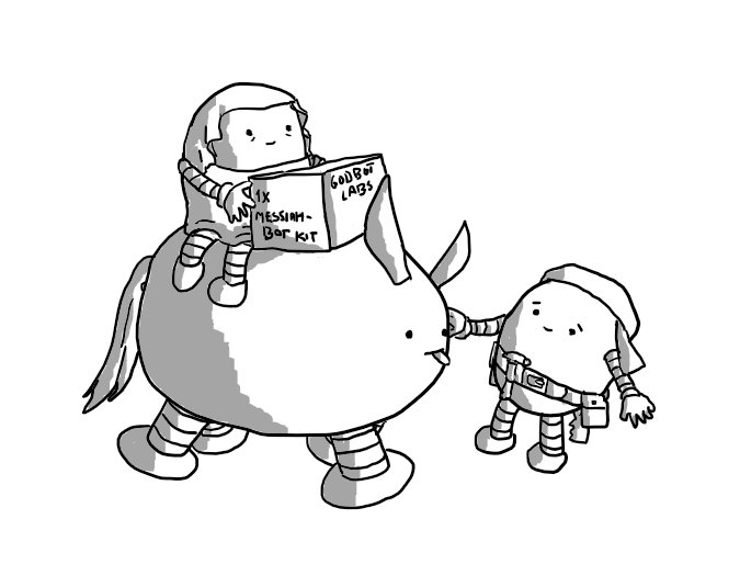 An ovoid robot with four banded legs, a narrow tail and tall, ear-like protrusions sticks its tongue out. A smaller round robot in a keffiyeh and a carpenter's toolbelt smiles sympathetically at second robot riding on the first, who is wearing a sort of pleated veil and looks tired but happy. Resting in front of this robot is a box that says "1x MESSIAHBOT KIT" on it.