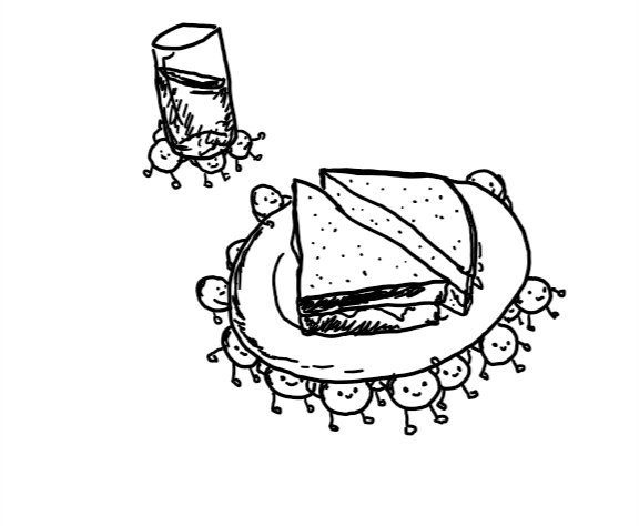 many small round robots are carrying a plate with a sandwich cut into triangles on it, while behind them more robots are manoeuvring a teetering, mostly full glass between them.
