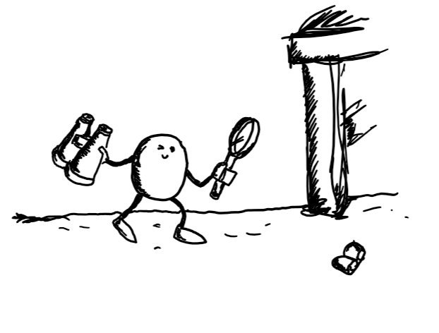 a small round robot with thin arms and legs carrying a magnifying glass and binoculars while searching a carpeted floor with a chair in the background. it is squinting at a butterfly from the back of an earring a short distance away.