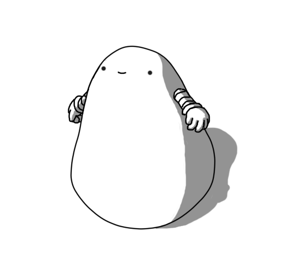 A smiling, pear-shaped robot with short, banded arms but no legs.