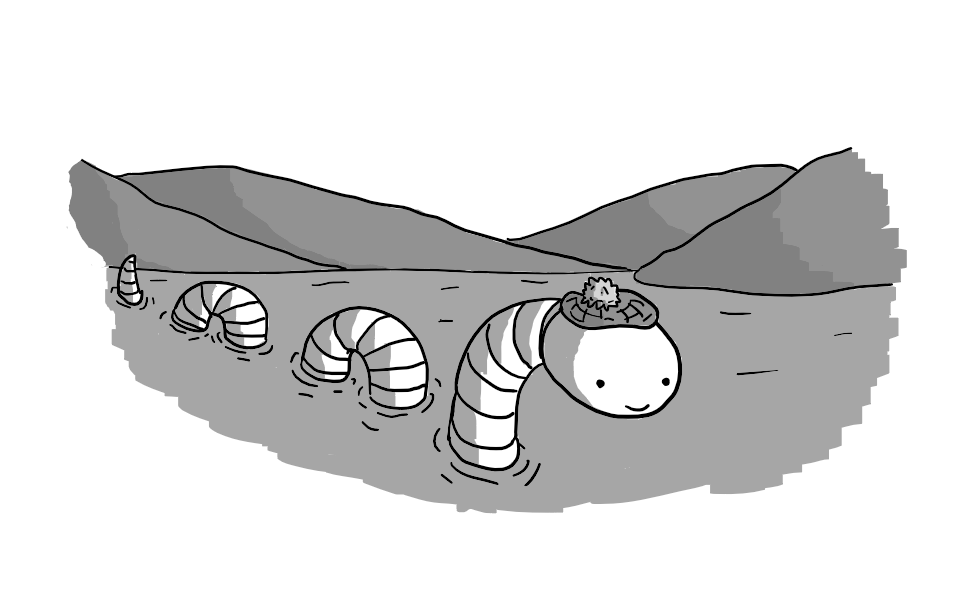 A lake bordered by hills from which emerges a robot in the form of a long, banded snake, its body protruding from the water in a series of arches with a tail at the end. Its round head is smiling and has a tam o' shanter perched atop it.