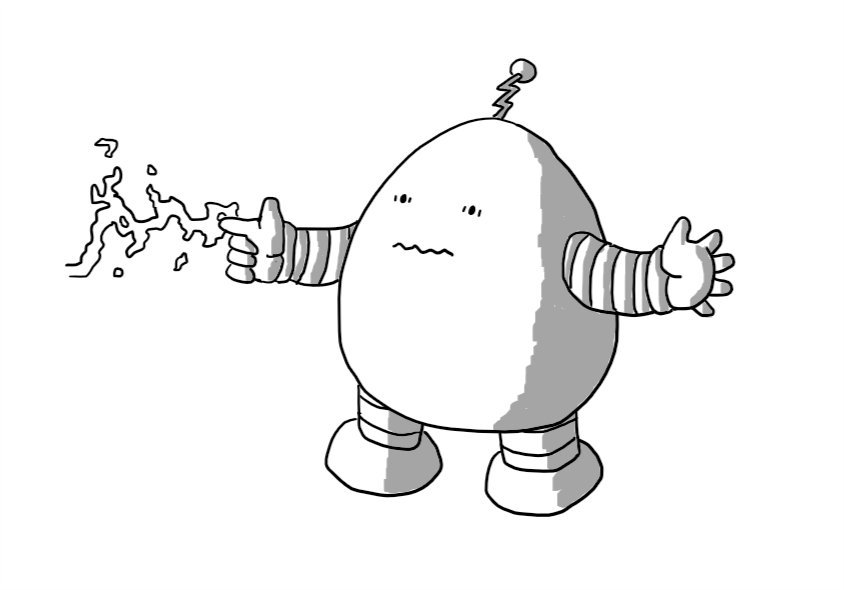 A squat, ovoid robot with short, banded arms and legs. It's pointing with one finger which is attracting a writhing spark of electricity. The robot appears discombobulated, with its mouth making a zig-zag shape and its eyes slightly frantic. It has a zig-zag antenna on its top.