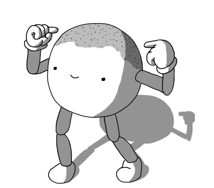 A spherical robot with jointed arms and legs and a stubbled scalp, pointing to said scalp with both hands and smiling.