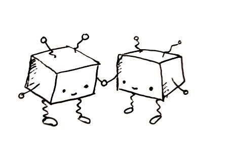 Two cuboid robots with spring-like legs and antennae, smiling and holding hands. They look like delightful little cubes of sugar.