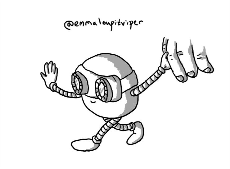 A spherical robot wearing a pair of nighr vision goggles, leading someone by the hand.