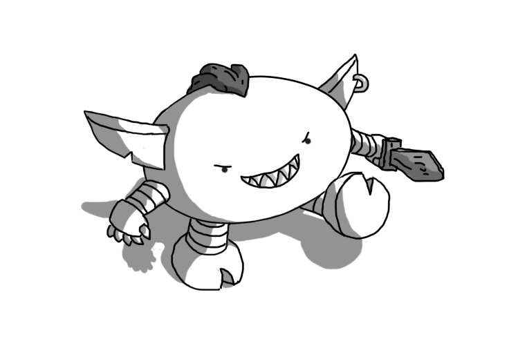 A wide, ovoid robot with short, banded arms and legs and little cloven feet. It has big, flappy ears (one of which is pierced) and is walking along, carrying a wooden sword. It has a swept-back tuft of hair on its top and a big wide, spike-toothed grin. Its expression is one of sheer, small-minded malevolence.