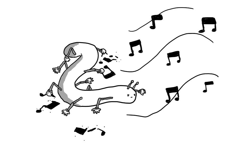 A long, worm-like robot bent into a z-shape with a determined little face at the lower end, crowned by two antennae. It has five pairs of jointed arms down the length of its body, several of which are breaking apart cartoon musical notes. Whole notes are drifting towards the robot on curving waves.