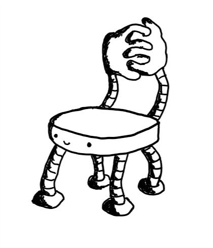 a robot shaped like a chair. the seat forms its body with its face on the front, smiling. it has four banded legs and its arms are attached at the rear and sticking upright so its large hands are clasped together to form the backrest.