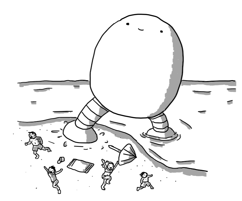An enormous, egg-shaped robot with no arms and a happy, gormless expression on its face, wading from the sea onto a beach, sending a family of holidaymakers running in terror as it stomps into their camp, scattering a parasol and a bucket.