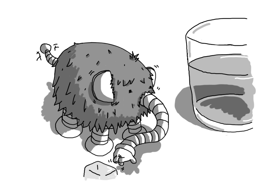 A robot in the form of a small woolly mammoth, consisting of a furry ovoid body with four banded legs, flappy hinged ears and a trunk ending in a hand. Its fingers are waggling towards an ice cube, and it stands next to a glass full of something.