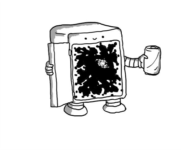 A little fridge with short legs and arms and a face above the door. It's opening itself with one hand, revealing a yawning abyss surrounded by crackling energy, with a galaxy faintly visible in the distance. The other hand is offering a can.