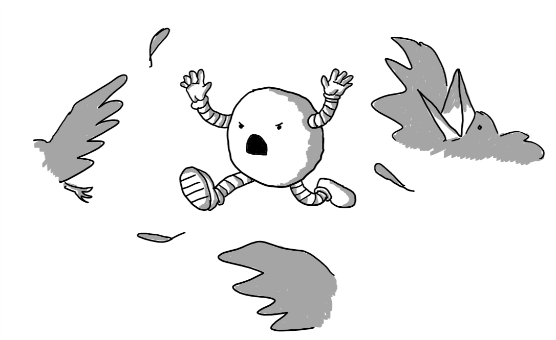 A spherical robot running into a group of terrified crows waving its arms and yelling as they flap away, scattering feathers in their wake.