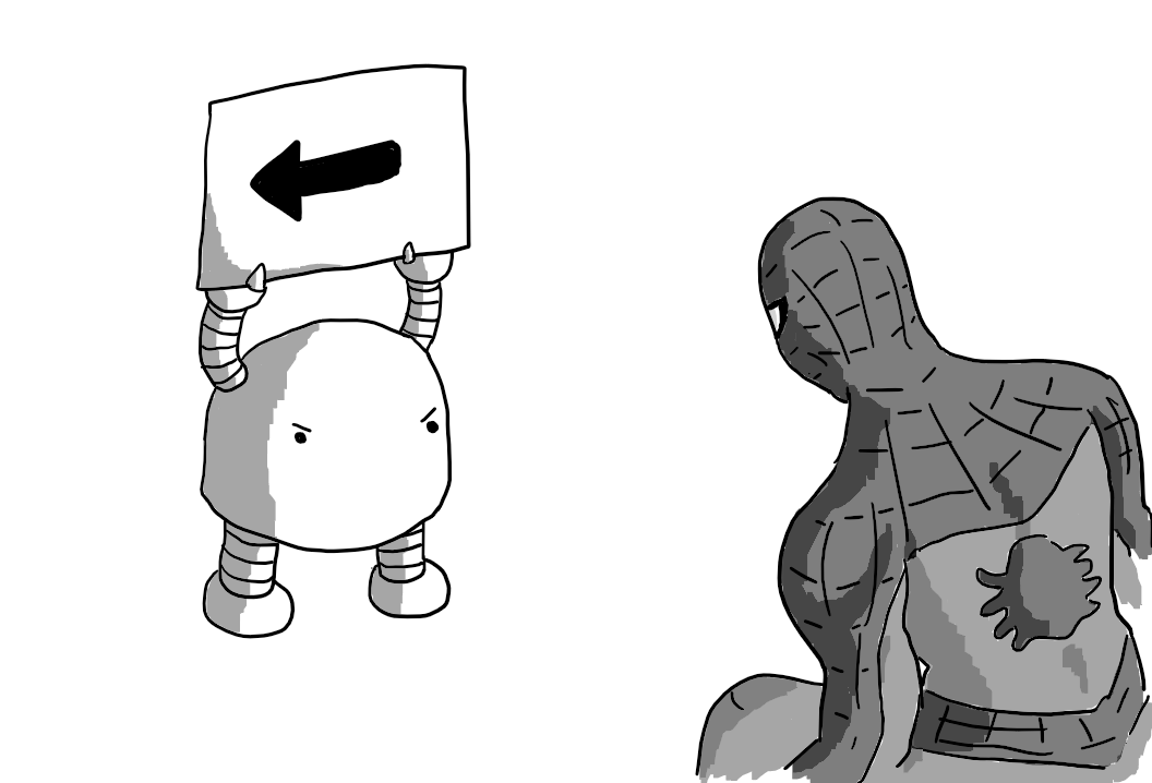 A round-topped robot with banded arms and legs, holding up a sign with an arrow on it and looking angrily at a dejected Spider-Man kneeling in front of it.