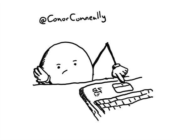 A round robot sitting at a desk pressing the left mouse button on a laptop with one of its thin, jointed arns. Its resting on its other hand, placed where its chin would be, and has a look of bored resignation on its face.
