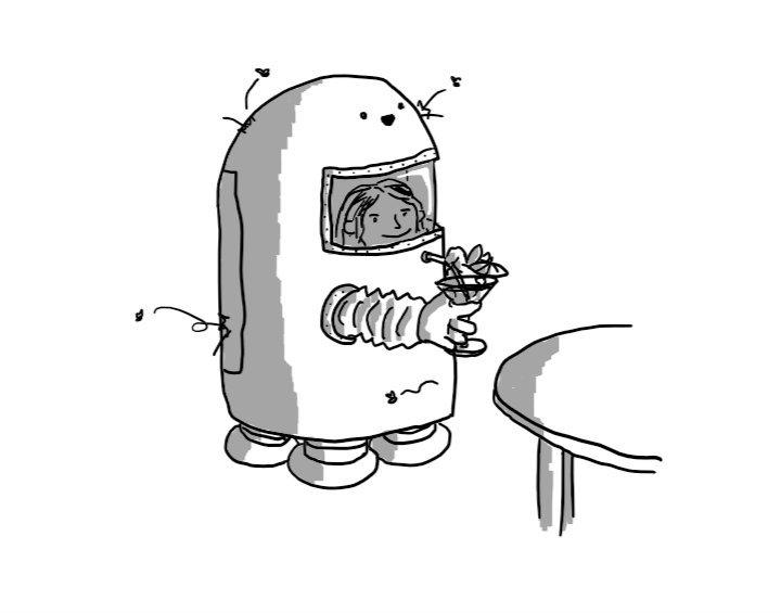 A robot shaped like a rounded cylindrical capsule with four sturdy legs on its base, standing by a circular table. A transparent window near its top shows a person within who is using two flexible arm covers to place the straw of a cocktail into a round access port below the window. Its face is just above the window, smiling cheerfully as a number of insects bounce off its surface.