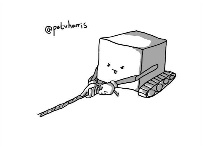 A cube-shaped robot with caterpillar tracks, tugging determinedly on a length of yarn.