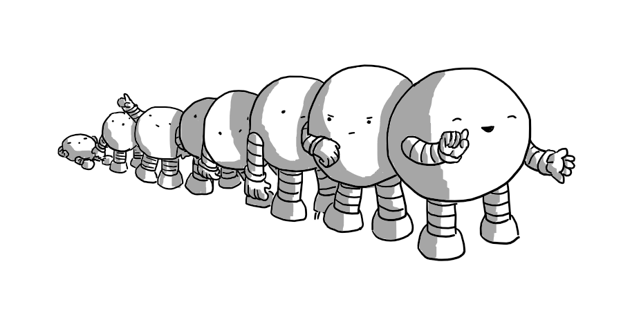 A series of spherical robots with banded arms and legs standing in a line. The first is expounding with one finger raised while the one behind it checks its wrist and taps its foot impatiently. One further back is leaning outwards to see what's happening, another is pointing upwards at something while the one next to it is looking up and the one at the back is lying down, apparently napping.