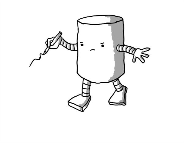 A grumpy-looking cylindrical robot using a pencil to write a signature.