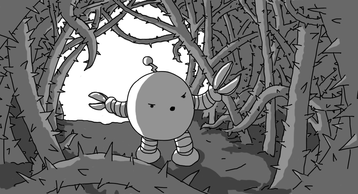 A spherical robot with banded arms and legs and pruning shears for hands. It's entered a cave composed of thorny bramble stalks that envelop it in shadow and some of which seem to be reaching towards it like tentacles. In response, the robot brandishes its shears angrily.