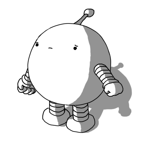 A spherical robot with banded arms and legs looking up with an expression of disappointment on its face.