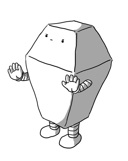 A robot shaped like an eight-sided polyhedron composed of two square frustums placed base-to-base, with the lower one much taller than the top, evoking the form of a Victorian-era gas streetlamp. The robot's face is on the top frustum, with a stern expression and its banded arms held palms out in a reassuring motion.