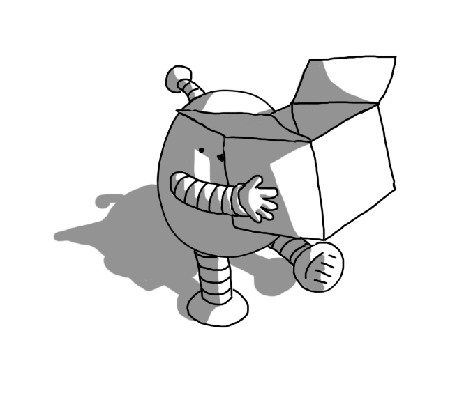 An ovoid robot with banded arms and legs and an antenna, walking along and holding a big, empty box.