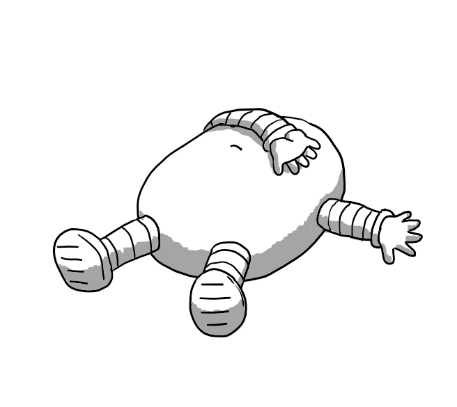 An ovoid robot with banded arms and legs, lying flat out on its back with one arm thrown across its eyes and a grumpy expression visible underneath.