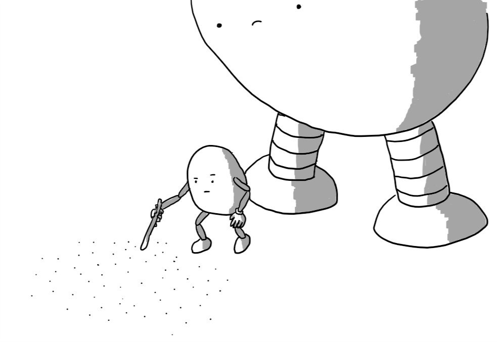 A round robot with jointed arms and legs gingerly poking a patch of ground with a stick while, behind it, Bigbot looks on nervously.