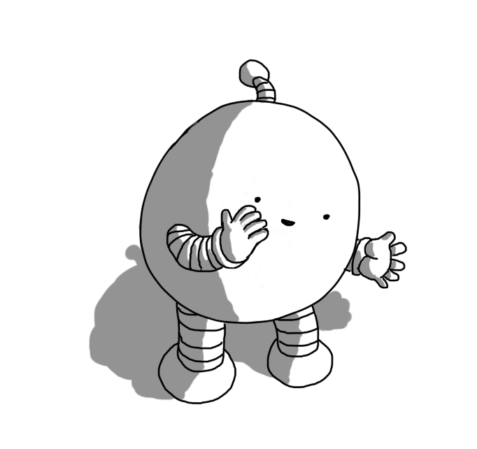 A spherical robot with banded arms and legs and an antenna, cupping one hand to its mouth and leaning in conspiratorially.