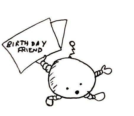 A round robot running and carrying a card with the words "BIRTHDAY FRIEND". Although we are grateful for its service, we feel it perhaps could have chosen a better birthday card.