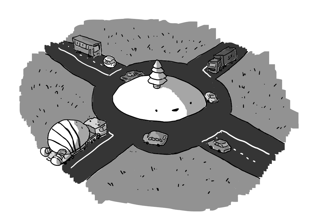 A robot in the form of a traffic island in a roundabout, with a robotic pine tree for an antenna. Four roads meet at the roundabout, and various vehicles are driving around it. A small Carbot is approaching from one direction and a flatbed lorry carrying a sleeping Bigbot from another.