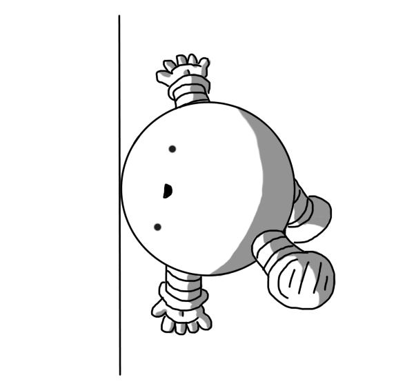 A spherical robot with banded arms and legs, positioned sideways with its top just touching a vertical line. It seems quite happy about it.